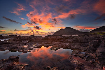 Scenic view of beach against sky during sunset