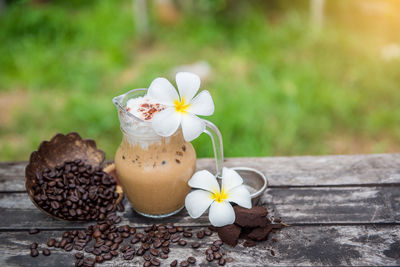 Close-up of coffee and white flowers on table