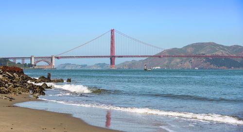 View of suspension bridge over sea