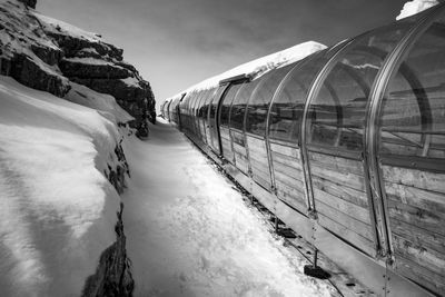 Panoramic view of snow covered mountains against sky