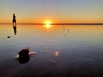 Silhouette people on beach against sky during sunset