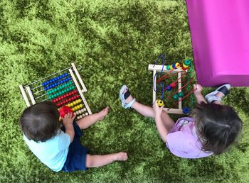 High angle view of siblings playing with toys on carpet at home