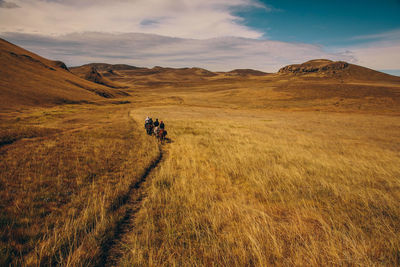 Rear view of man on field against sky