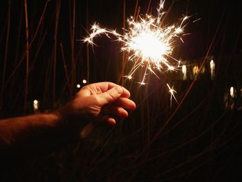 Cropped hand holding sparkler at night