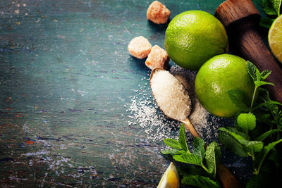 High angle view of fruits on table