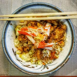 High angle view of meal served in bowl