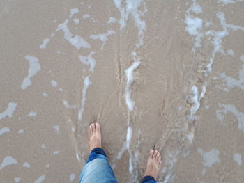 Low section of man standing on shore at beach