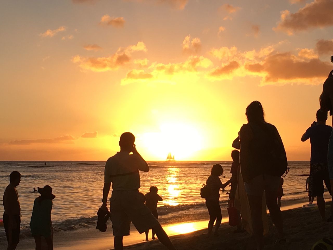 sunset, sea, water, horizon over water, silhouette, sun, beach, sky, orange color, scenics, beauty in nature, leisure activity, lifestyles, tranquility, tranquil scene, shore, men, person, idyllic