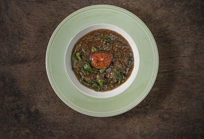 High angle view of food in bowl on table