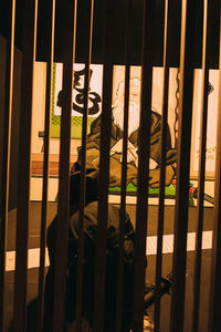 Shadow of metal fence on building