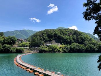 Scenic view of river by trees against sky