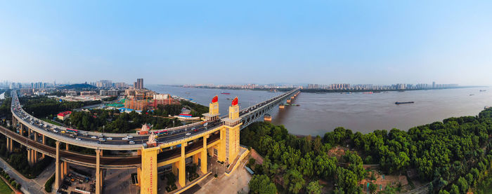 High angle view of city buildings