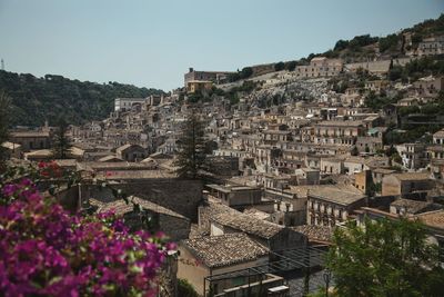 Townscape against clear sky