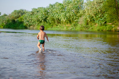 Rear view of shirtless boy walking in river