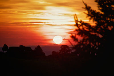 Silhouette trees on field against orange sky