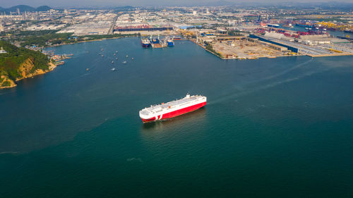 High angle view of ships on sea