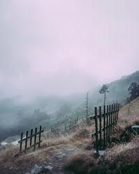 Scenic view of landscape against sky during foggy weather