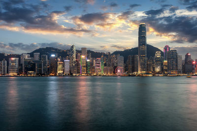 Illuminated modern buildings reflecting on river against sky during sunset