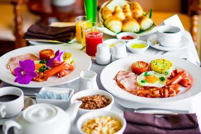 Close-up of breakfast served on table