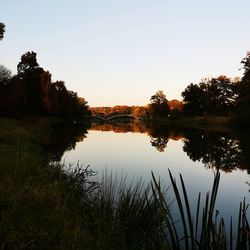 Scenic view of lake against clear sky during sunset