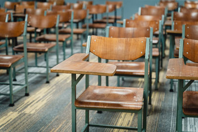 Empty chairs and table in cafe