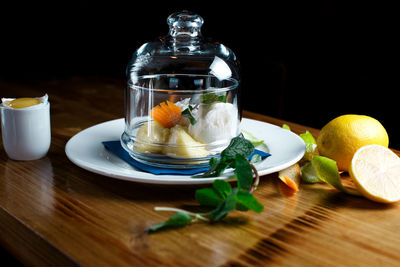 Close-up of fruits served on table