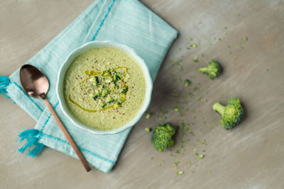 High angle view of soup in bowl on table