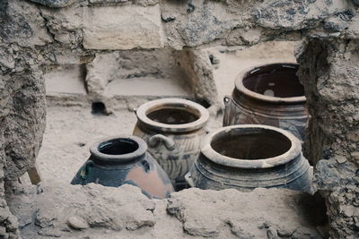 High angle view of pots at old ruin