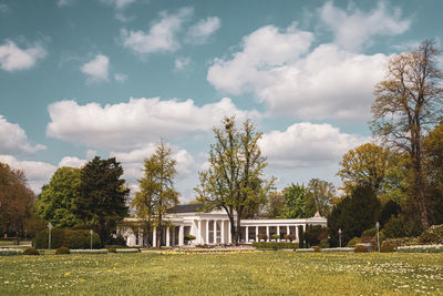 Trees and houses on field against sky