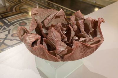 High angle view of dry leaf on table