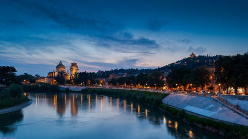 View of illuminated buildings at dusk