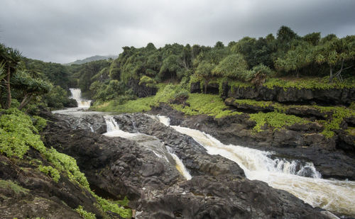 Scenic view of waterfall in forest against sky