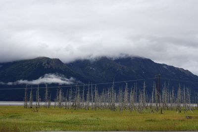 Scenic view of land and mountains against sky