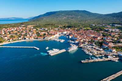 Aerial view of cres, a town in cres island, the adriatic sea in croatia