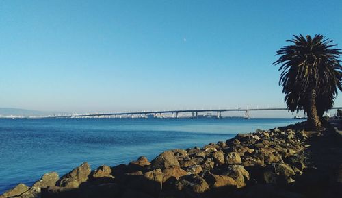 Scenic view of sea against clear blue sky