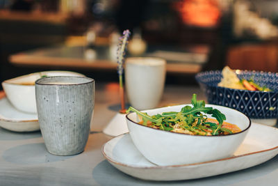 Close-up of food served on table