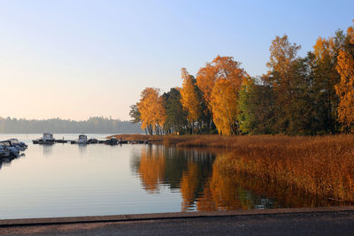 Trees by lake against sky during autumn