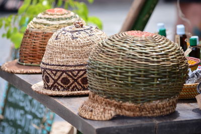 Close-up of hats on table