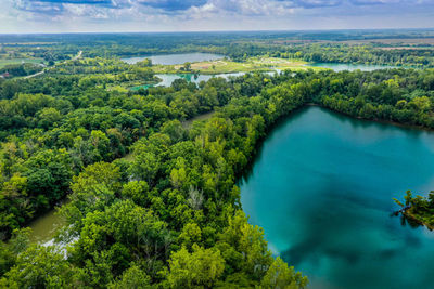 High angle view of trees on landscape against sky