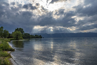 Scenic view of lake against sky at sunset