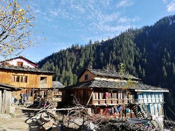 Houses and trees by buildings against sky