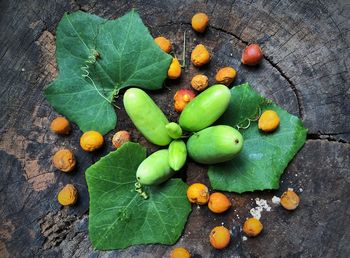 High angle view of fruits and leaves on table
