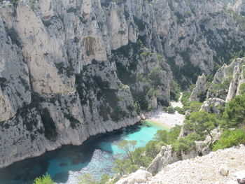 High angle view of river amidst rocks