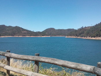 Scenic view of sea against clear blue sky