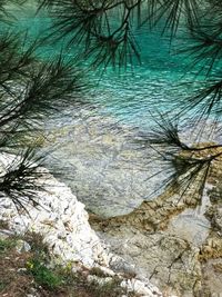 Low angle view of water flowing through rocks