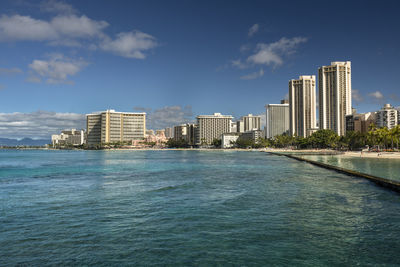 Buildings by swimming pool against sky