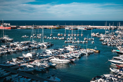 High angle view of sailboats moored in harbor