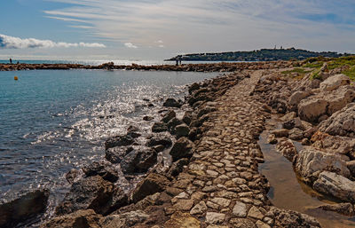 Aerial view of rocks on beach against sky