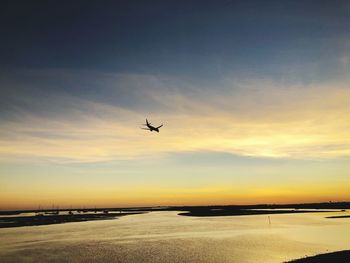 Low angle view of airplane flying against sky during sunset