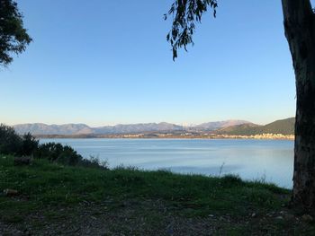 Scenic view of lake against clear sky